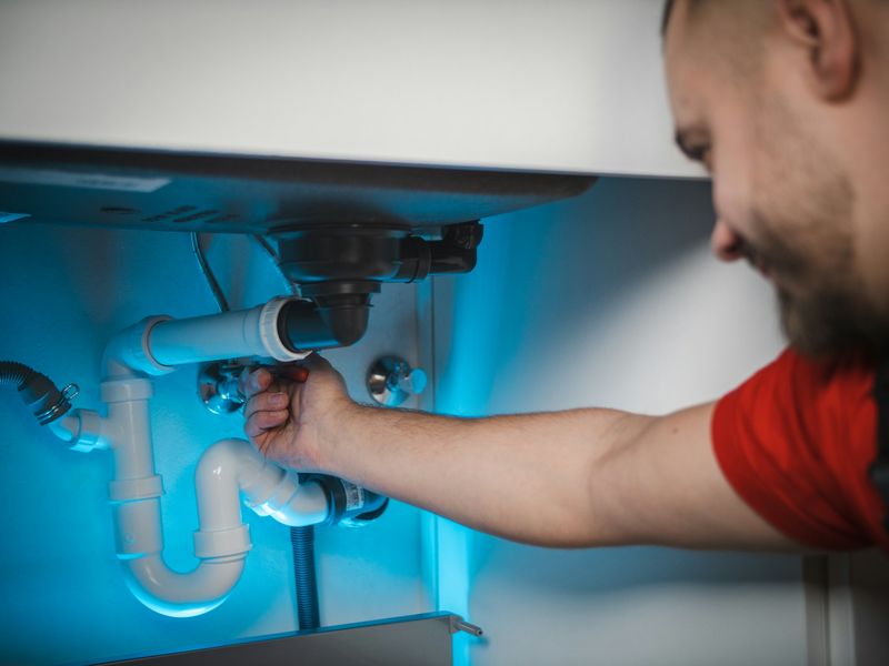 A plumber fixing the pipes under a kitchen sink
